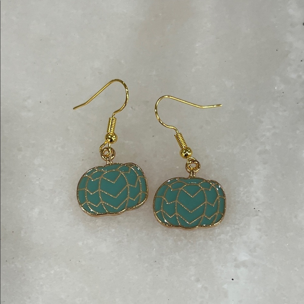 Gold Tone Blue Pumpkin Enamel Dangle Earrings
